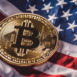 Bitcoin coin on United States flag.