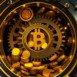 Steampunk vault with mechanical gears moving gold coins and bitcoins in a secure intricate dance of wealth