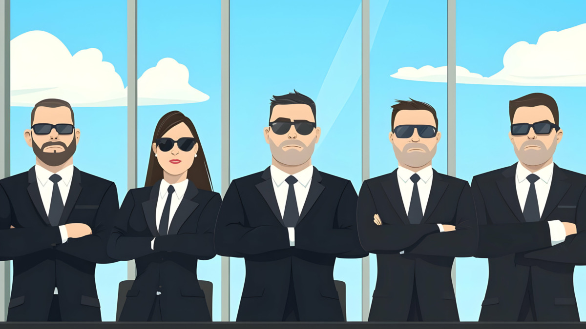 A group of professional bodyguards stands confidently in suits and sunglasses, embodying strength and protection in a modern office atmosphere.