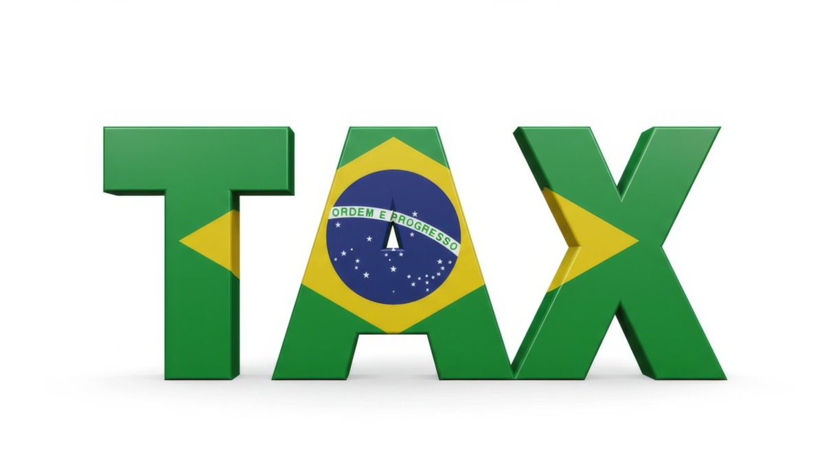 3D of TAX word with Brazilian flag design. Symbolizing: taxation, finance, Brazil, economy, 3D graphics
