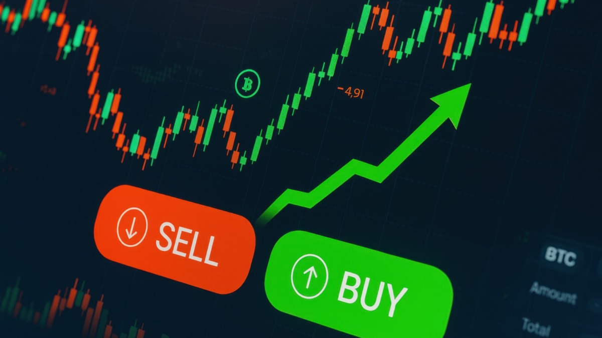 Bitcoin trading screen showing buy and sell options with an upward trend, indicating a positive market sentiment