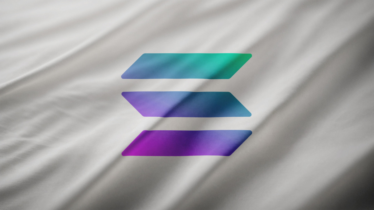 Solana (SOL) logo illustration on a flag, cryptocurrency representing blockchain and web3, crypto innovation and decentralization concept. Rome, Italy - 2 July 2024