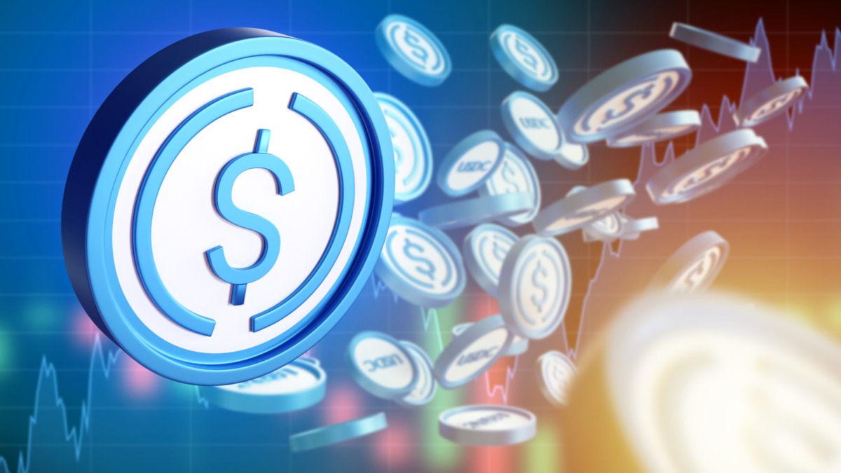 USDC cryptocurrency. Financial background. USDC exchange for dollar. Coins with US dollar symbol. USDC background with rising chart. Stablecoin trading. Buying and selling digital money. 3d image