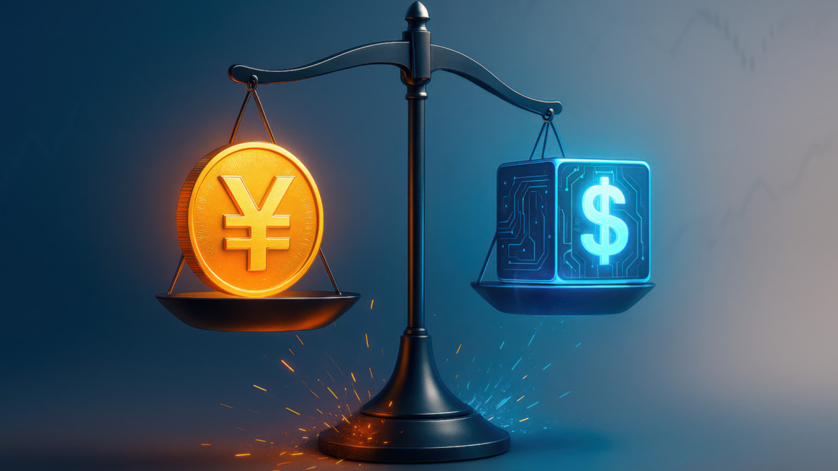 A sleek scale balances a luminous yuan coin against a glowing digital dollar cube symbolizing financial strategy and market innovation