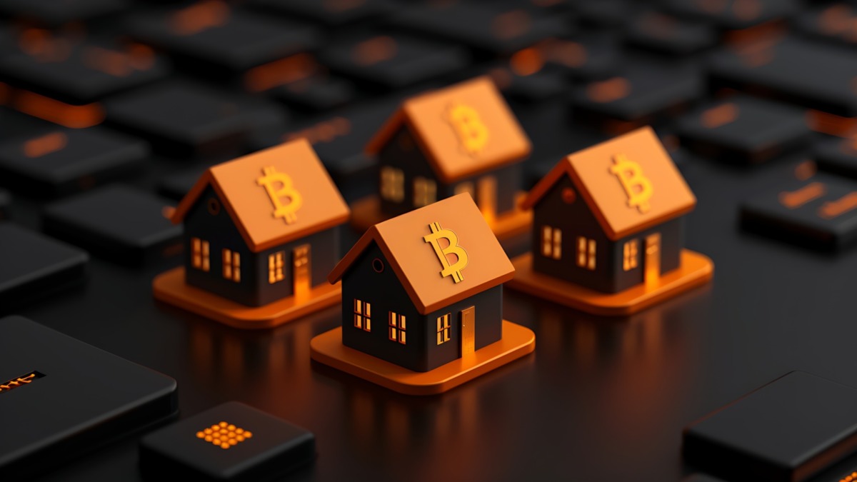 Miniature houses with bitcoin symbols sit on a keyboard, illustrating cryptocurrency in real estate and digital assets.
