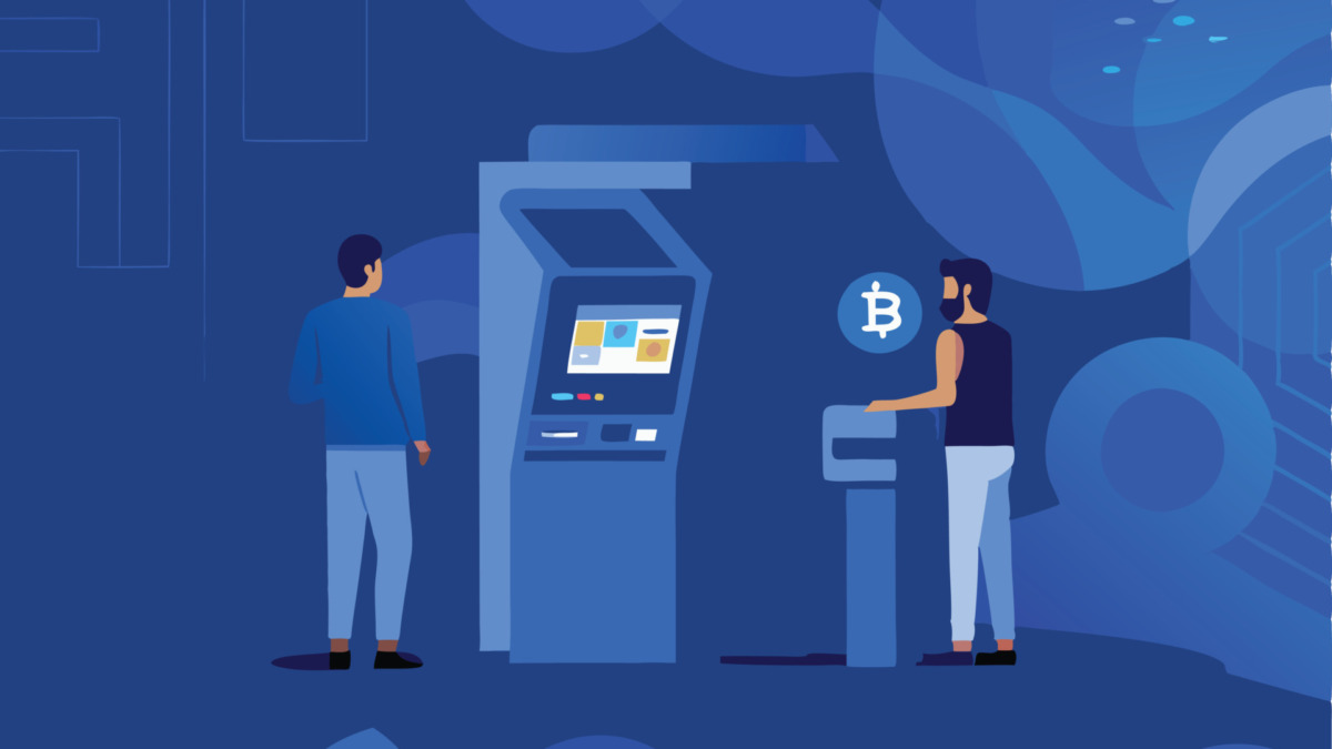 Create a vector illustration of a modern, sleek cryptocurrency ATM interface, highlighting its user-friendly design and security features. Include realistic details and vibrant colors.