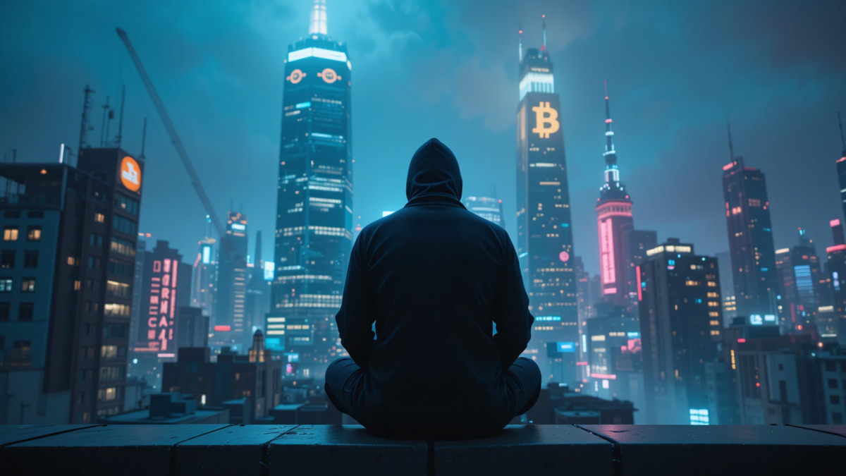 Bitcoin scammer with a a bag representing bitcoin theft in cyberpunk city