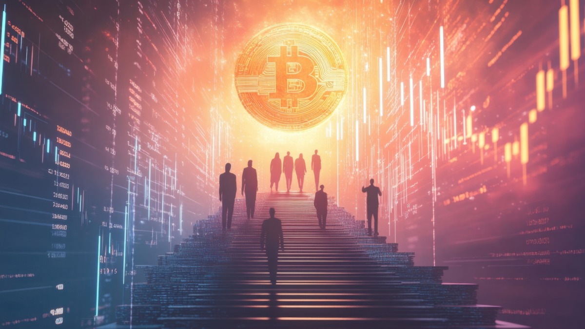 Silhouetted figures ascend a staircase towards a large Bitcoin, symbolizing financial success in the cryptocurrency market.