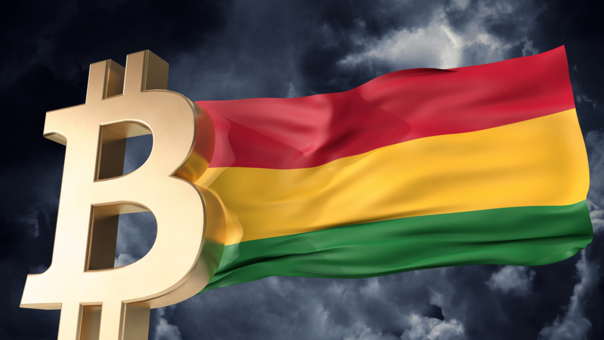 Gold bitcoin cryptocurrency with a waving Bolivia flag. 3D Rendering.