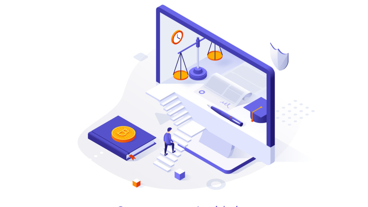 Conceptual template with man ascending stairs and trying to enter computer display. Concept of cryptocurrency legislation, law regulation of digital currency. Modern isometric vector illustration.