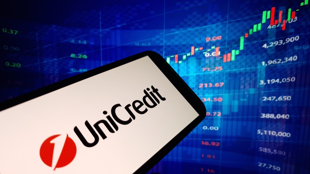 UniCredit company logo displayed on mobile phone