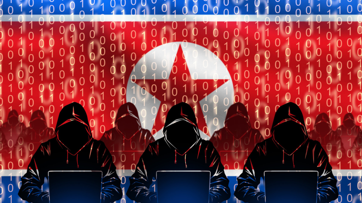Flag with hackers from north Korea. Silhouette of cyber army with computers. Flag DPRK with binary code. Korean hackers at work. Cyber army country. North Korea hackers hide their faces. 3d image