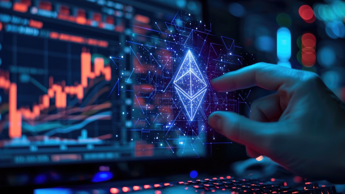 A conceptual image of a hand reaching out , holding a Ethereum, blending digital and real worlds