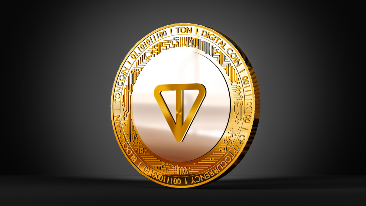 ton crypto, toncoin token icon and sign on golden coin, 3d rendering on a black background