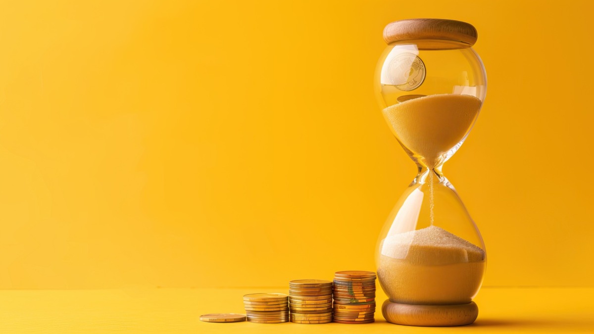 Time and Money: Simple Illustrations of Hourglasses Filled with Coins in Various Backgrounds. AI generated image.