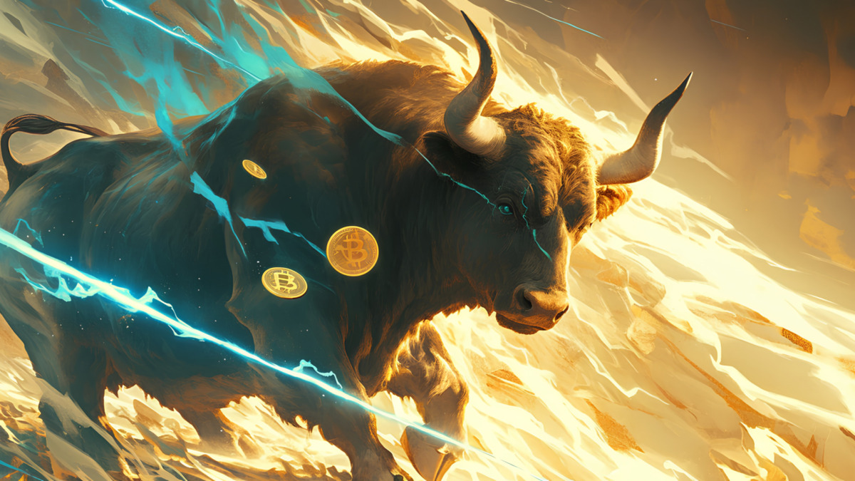 Majestic, angular bull charging towards a bear, golden Bitcoin emblem hovering, bright trails of energy highlighting the clash