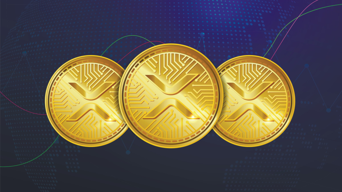 XRP token symbol. Set of Gold Realistic Cryptocurrency Coins on a blue crypto business background with a rise and fall graph. digital currency. digital coins. Forex. Poster