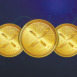 XRP token symbol. Set of Gold Realistic Cryptocurrency Coins on a blue crypto business background with a rise and fall graph. digital currency. digital coins. Forex. Poster