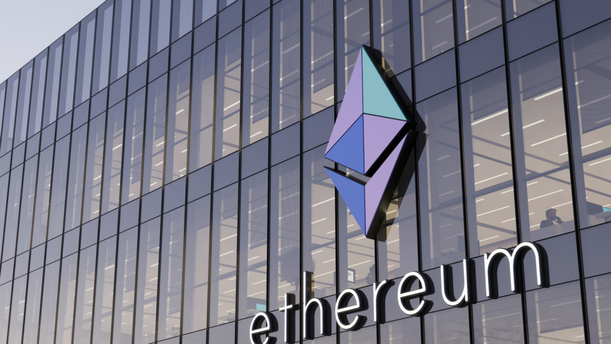 Ethereum Altcoin Signage on the Glass High Rise Building. ETH Workplace in High-rise Office Headquarters.