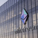 Ethereum Altcoin Signage on the Glass High Rise Building. ETH Workplace in High-rise Office Headquarters.