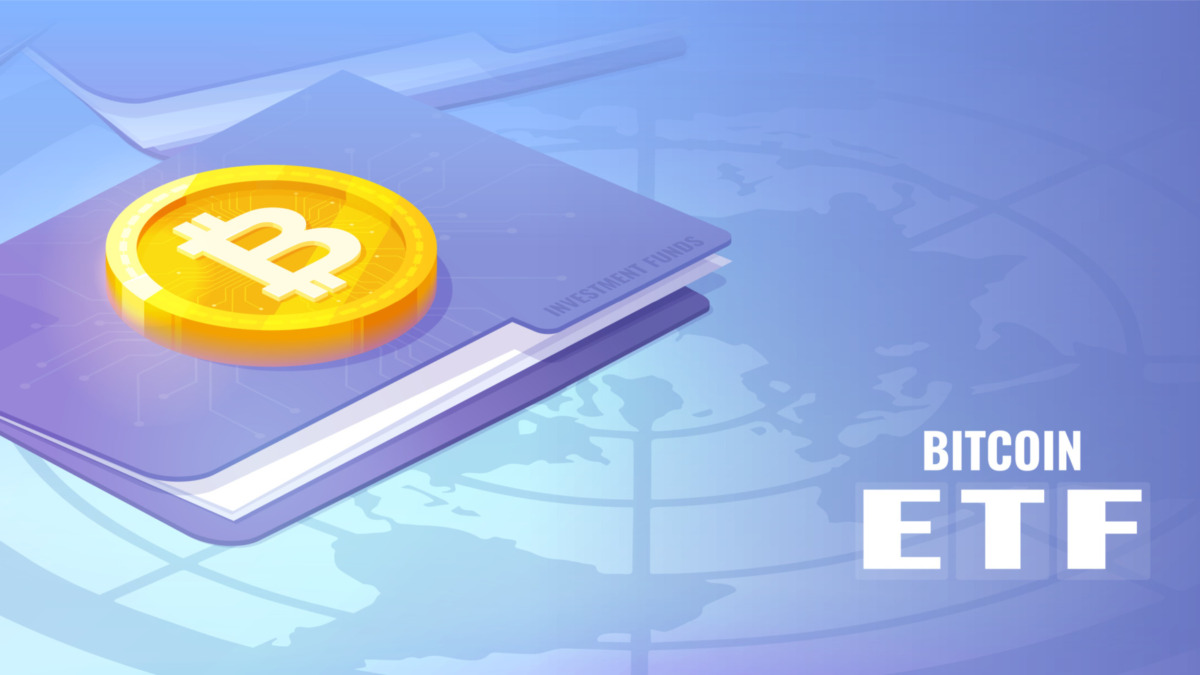 Bitcoin ETF, Exchange traded fund and cryptocurrencies isometric concept. Bitcoin gold coin on the securities folder.