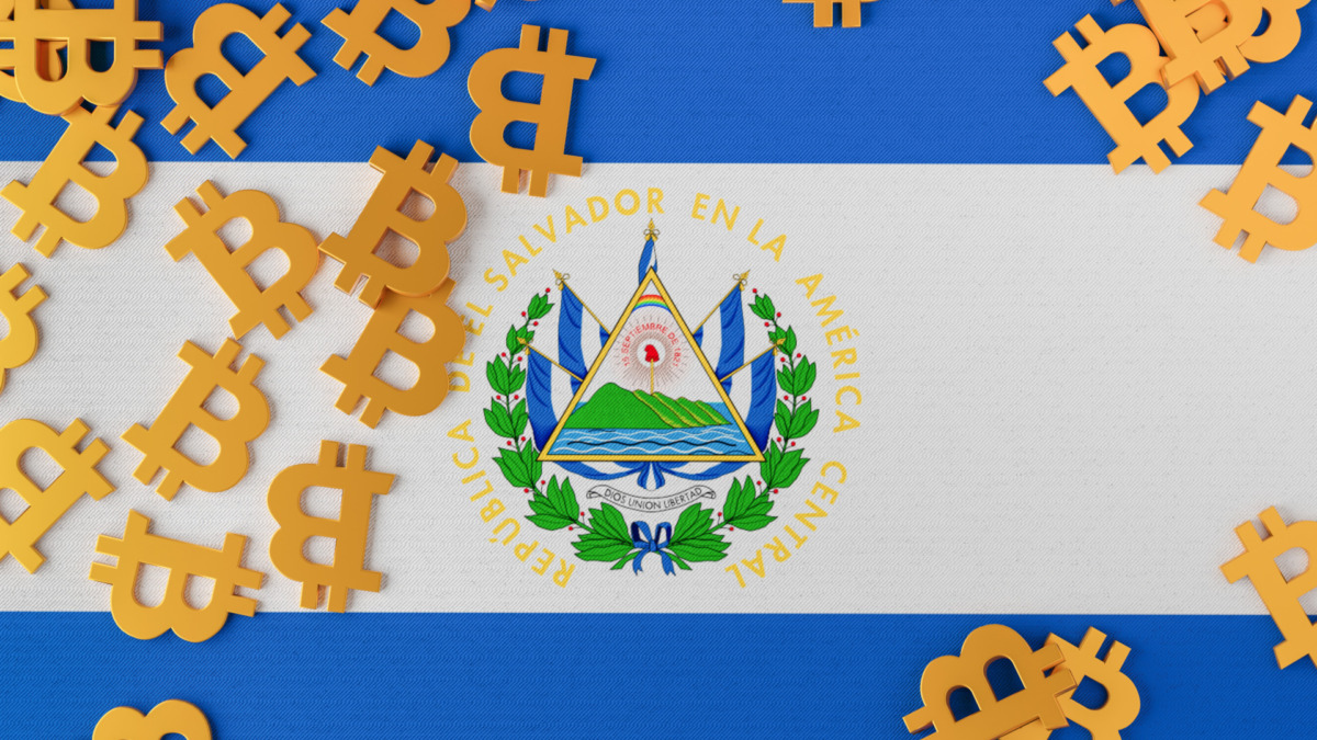 El Salvador flag with Bitcoin icons above it. 3d illustration