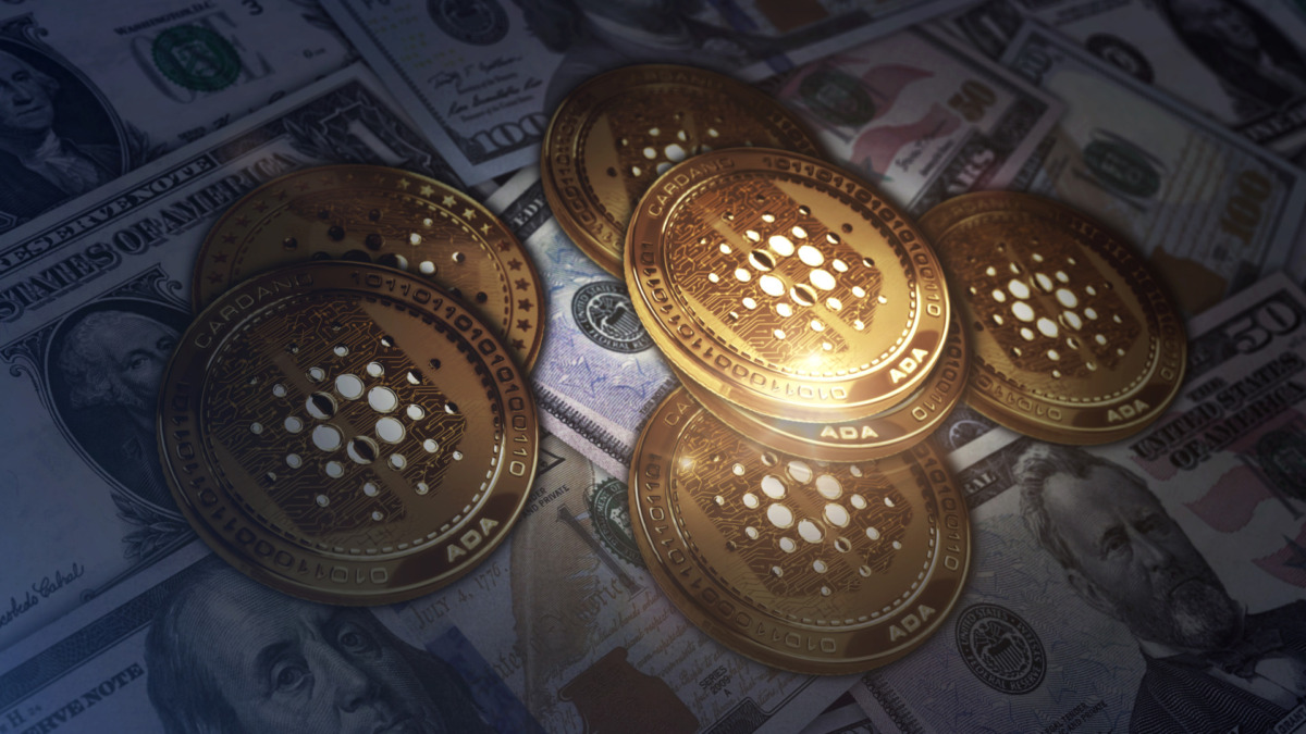 Cardano ADA cryptocurrency golden coin over Dollar banknotes. Online payment and crypto money transaction abstract concept 3d illustration.