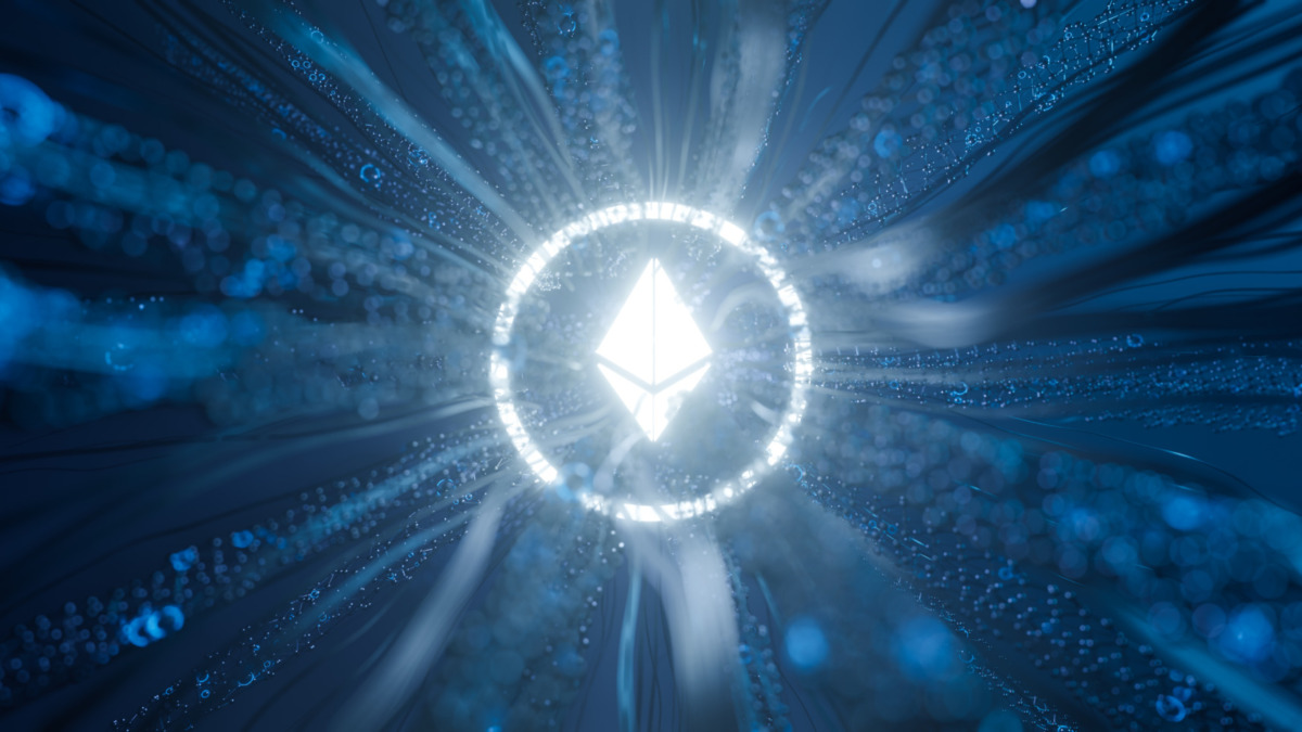 3D rendering of bright blue illuminating ethereum logo on abstract background concept of cryptocurrency and economy
