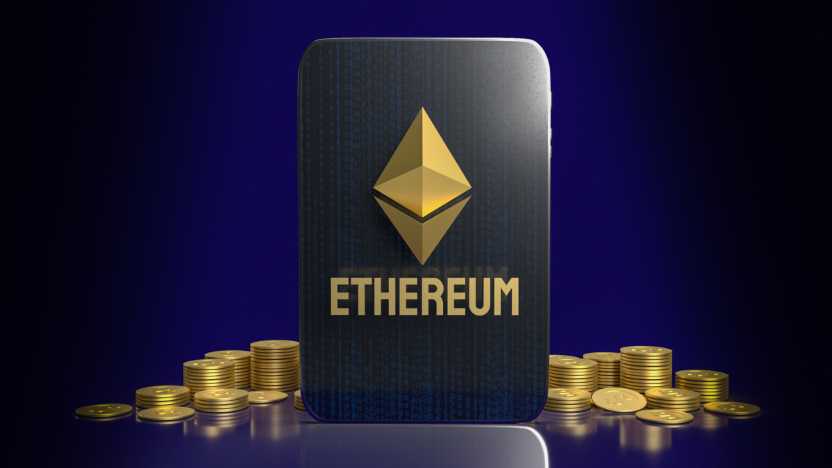 gold ethereum cryptocurrency for business concept 3d rendering, Bangkok ,Thailand, 02-07-2021.