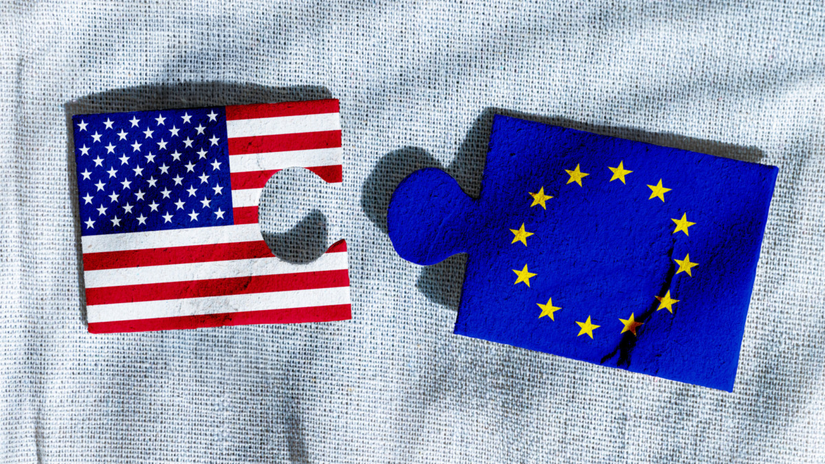 USA vs EU. Tensions Between the United States of America and European Union. Disconnected Puzzle Pieces Symbolize Broken Relations and Geopolitical Disputes.