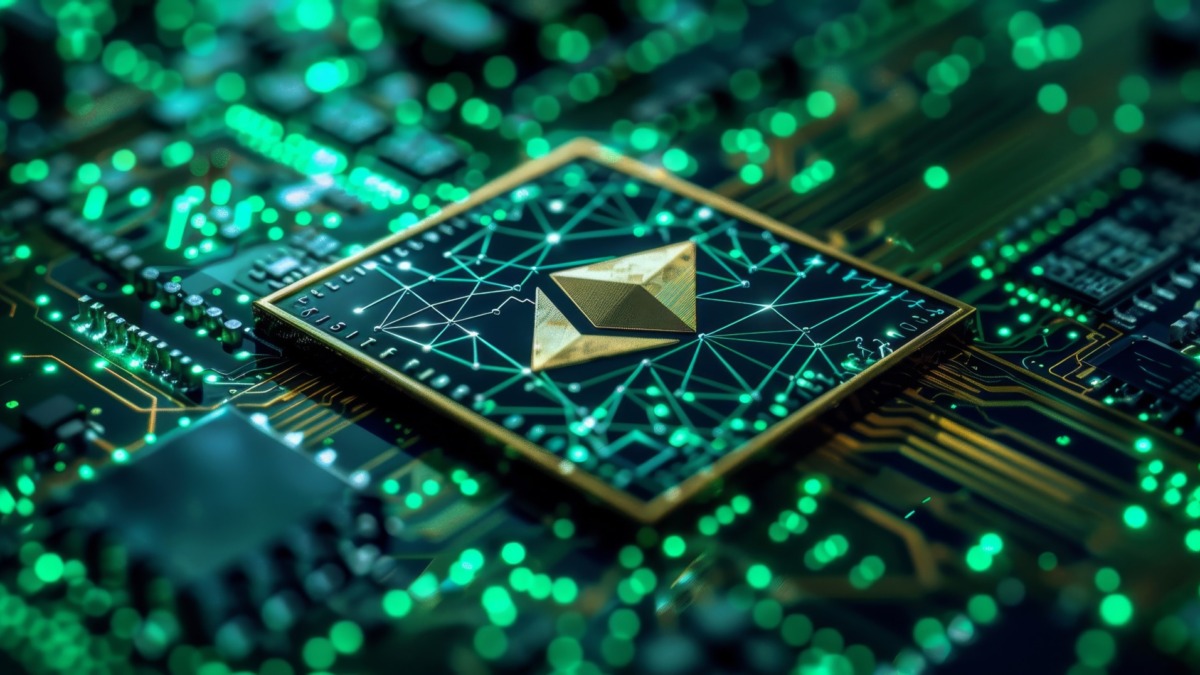 A computer chip with a gold symbol on it. The chip is green and has a lot of lines