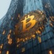 A massive Bitcoin clock melts over a skyscraper forming a glowing blue matrix of numbers