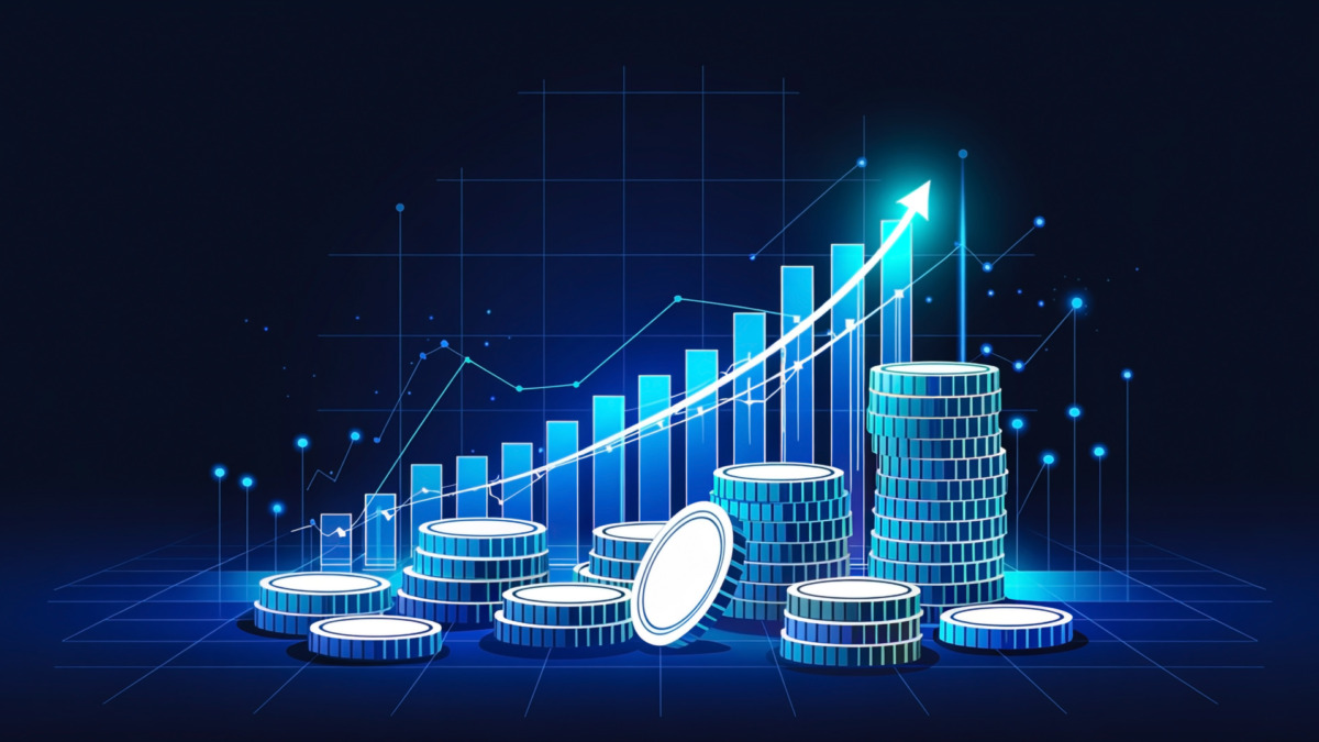 Digital Financial Growth Chart with Stacked Coins and Glowing Blue Graph