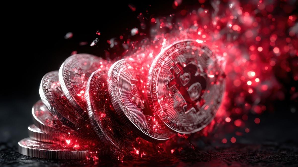 Digital representation of bitcoin coins emitting red light while dispersing, highlighting cryptocurrency dynamics.