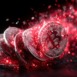 Digital representation of bitcoin coins emitting red light while dispersing, highlighting cryptocurrency dynamics.