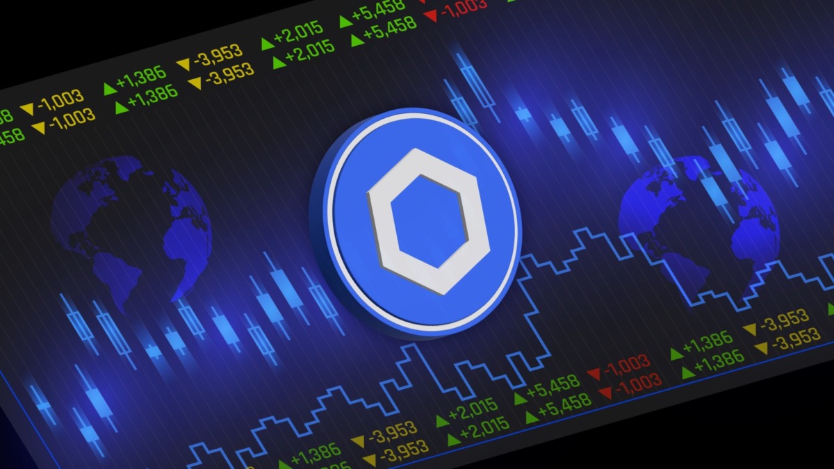 chainlink-link virtual currency image in the digital background. 3d illustrations.