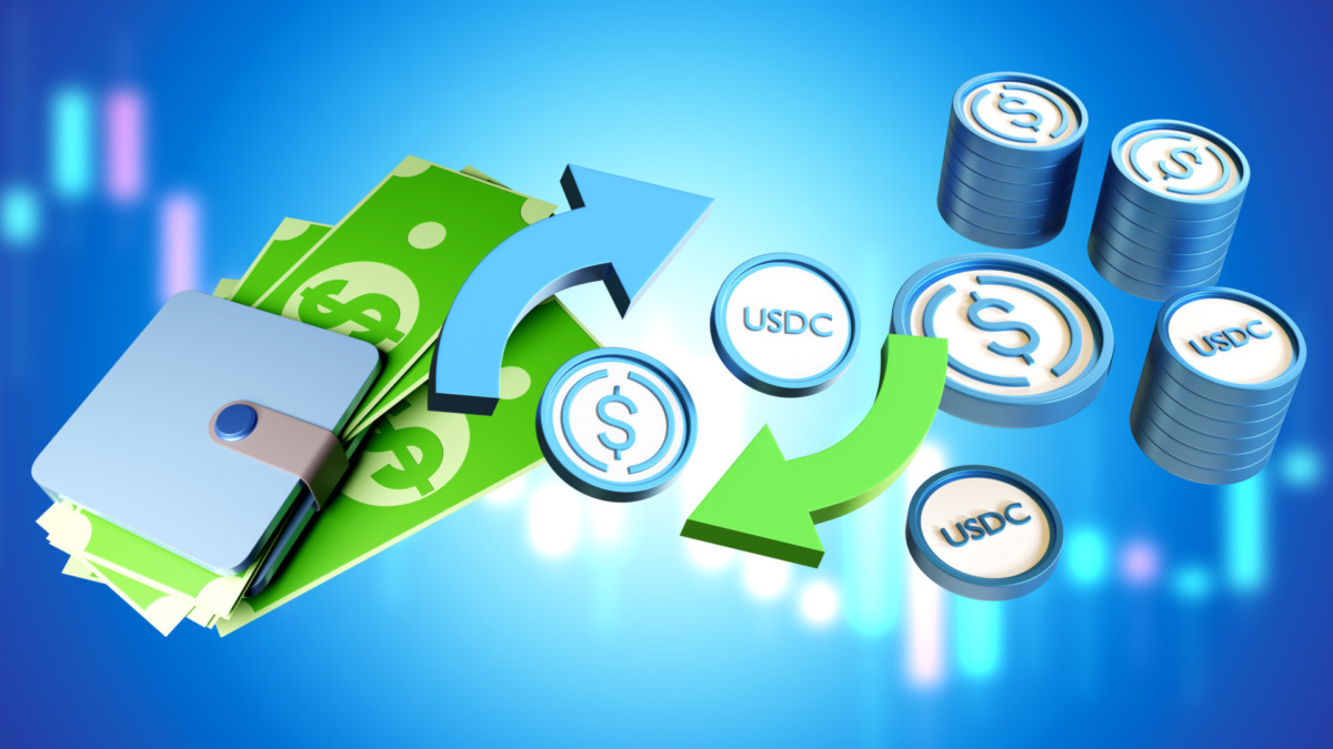 USDC wallet. Exchange money for cryptocurrency. Buying USDC stablecoins. USDC coin next wallet. Purchase with digital dollars. Stablecoin for US dollar. USA banknotes on blue. 3d image.