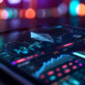 tablet displaying Ethereum trading charts with vibrant neon lights in the background cryptocurrency analysis and real-time market data visualization