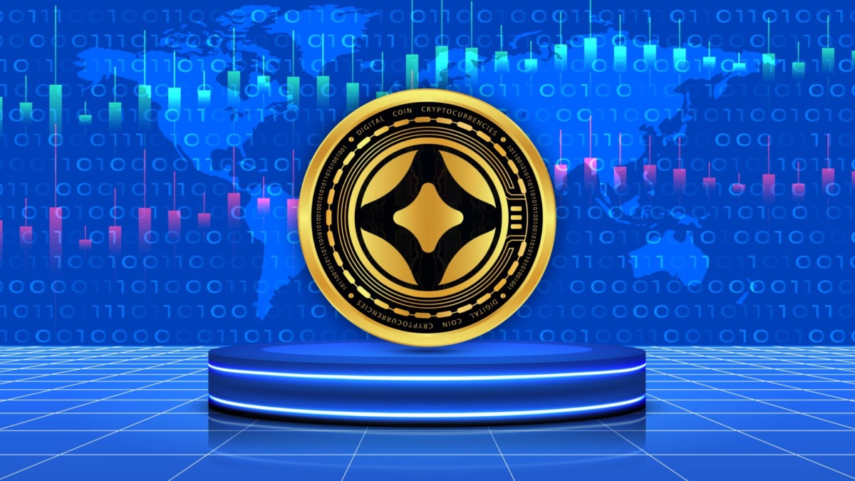 stargate finance-stg virtual currency images on digital background. 3d illustrations.