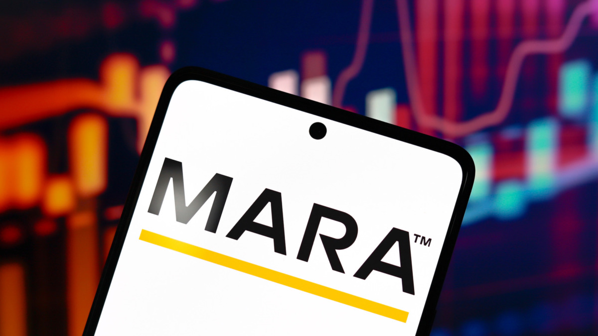 In this photo illustration, the Marathon Digital Holdings (MARA) logo is displayed on a smartphone screen