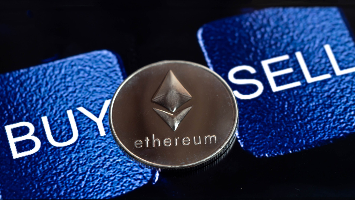 Ethereum coin put on text BUY and Sell, digital money trading Concept.