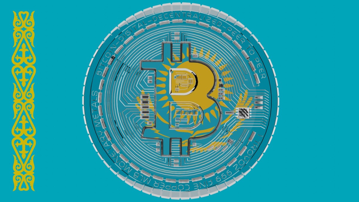 Large transparent Glass Bitcoin in center and on top of the Country Flag of Kazakhstan
