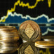 Piles of shiny ethereum coins are elegantly arranged on a reflective surface, while charts show cryptocurrency trends in the background