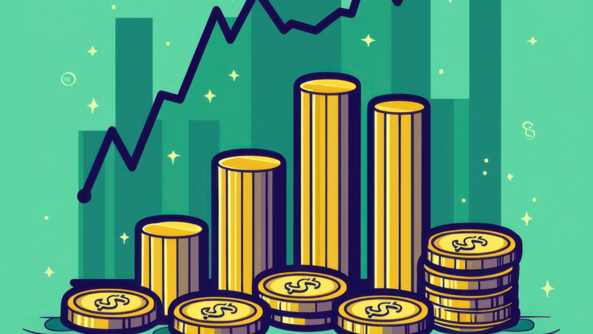 Coins and chart illustrating the comparison between stablecoins and stocks in a flat illustration style for financial analysis.