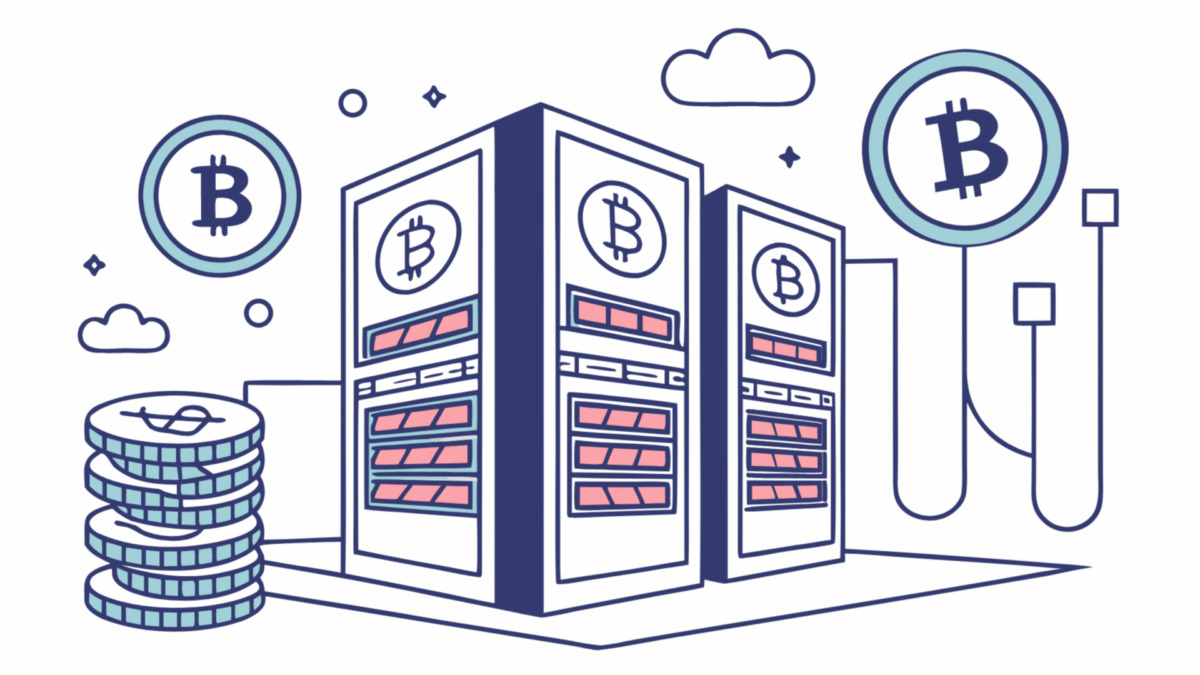 Bitcoin mining server farm with digital cryptocurrency, showcasing blockchain technology, virtual money, and online transactions isolated on white background