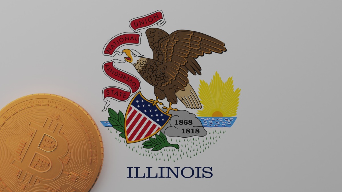 Gold Bitcoin in the Bottom Left Corner on the US State Flag of Illinois