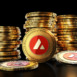 Avalanche with group of coins on the black background. Decentralized digital cryptocurrency symbol. 3D illustration.
