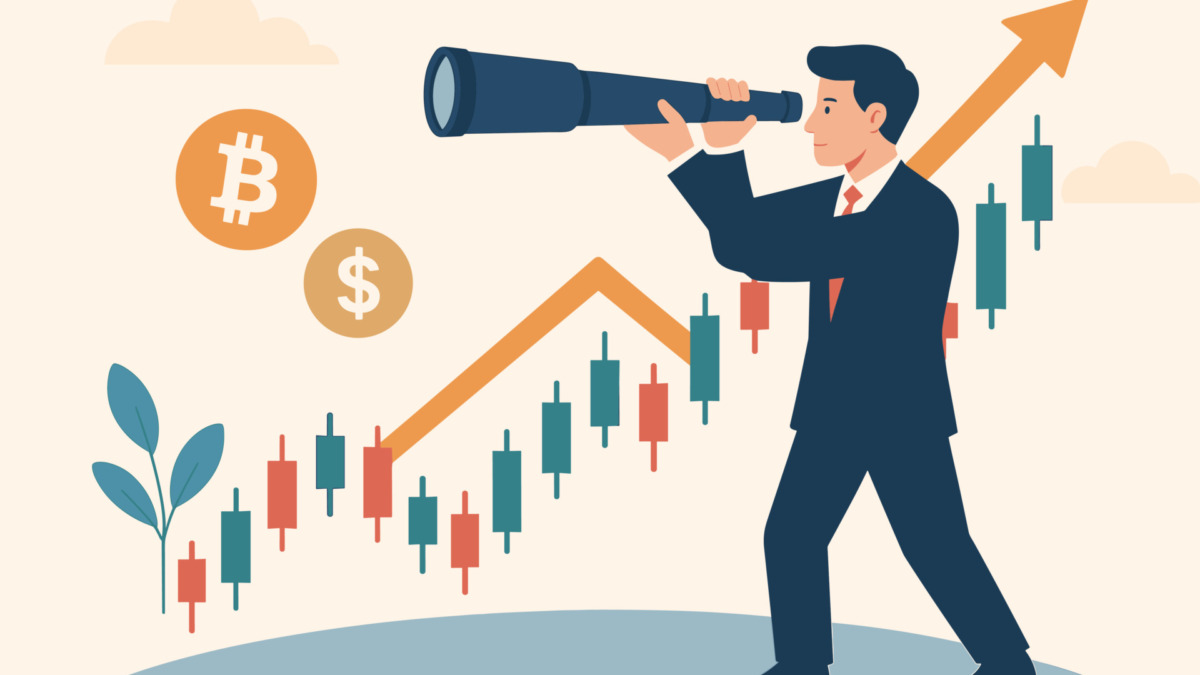 Businessman Forecasting Investment Opportunities with Spyglass, Predicting Future Profits in Stock and Cryptocurrency Trading, Financial Growth, Market Analysis Concept