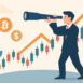 Businessman Forecasting Investment Opportunities with Spyglass, Predicting Future Profits in Stock and Cryptocurrency Trading, Financial Growth, Market Analysis Concept