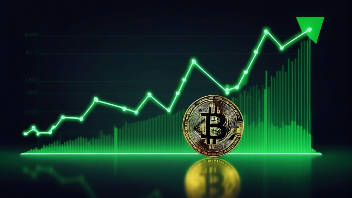 Growing bitcoin. Positive trend of bitcoin trade with growing candle stick graph in neon green background. Generative AI